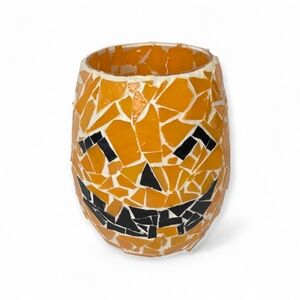 Mosaic Orange Pumpkin Jackolantern Candle Holder Jar Vase Halloween‎ Decor
